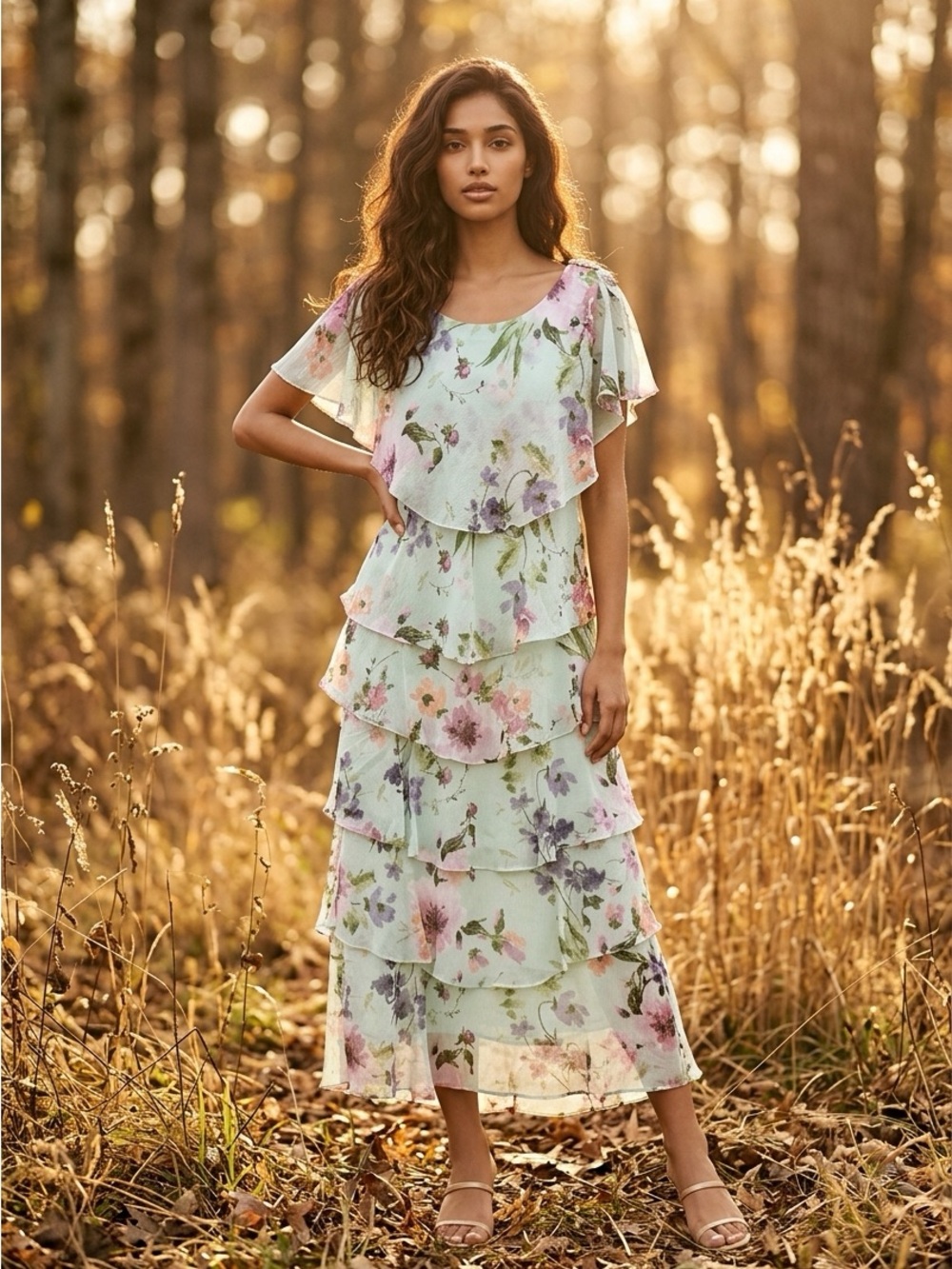 SL Fashions Light Green Floral Tiered Maxi Dress
